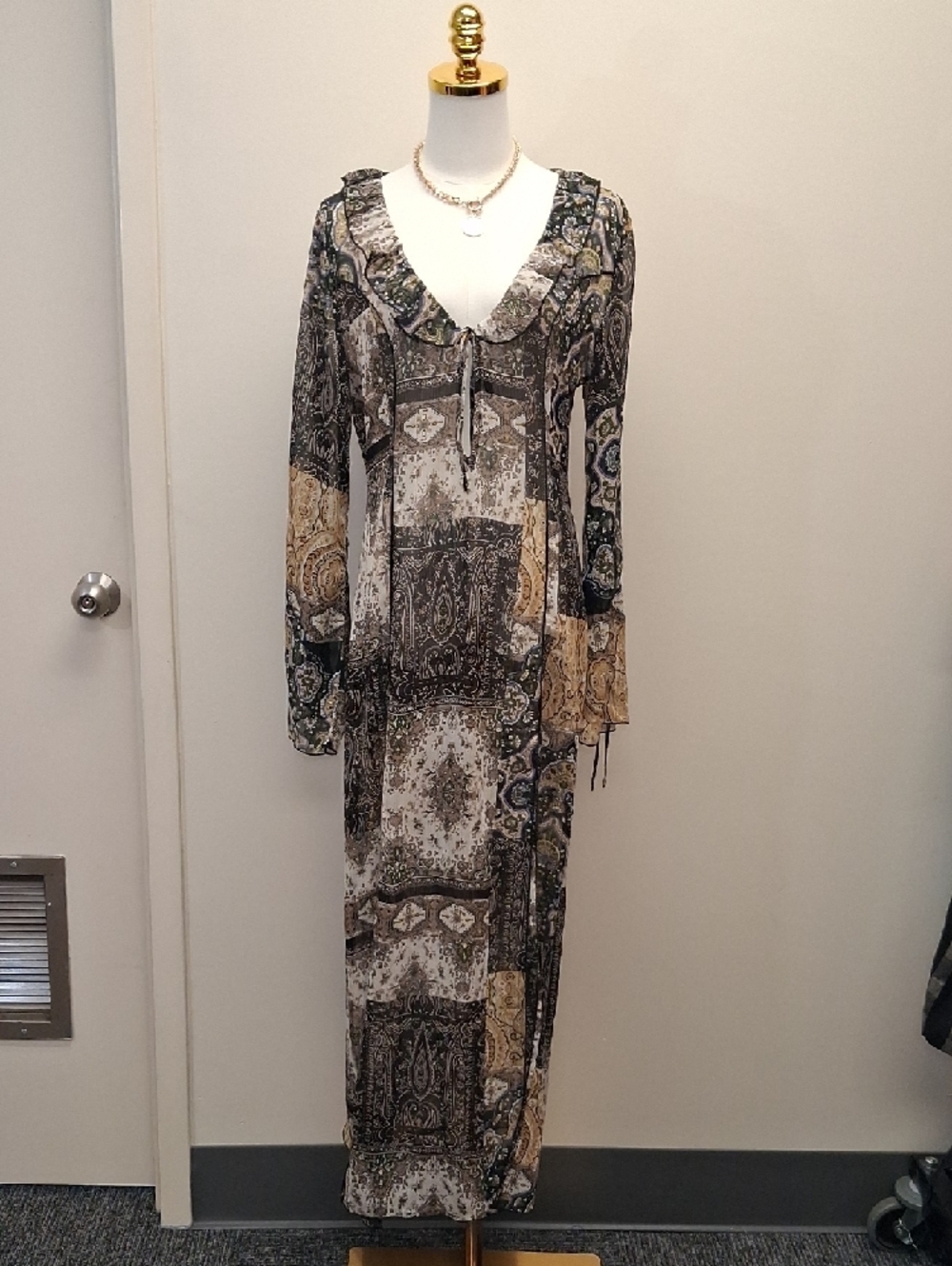 Acoa Paisley Patchwork Boho Maxi Dress Ruffle V Neck Size Medium